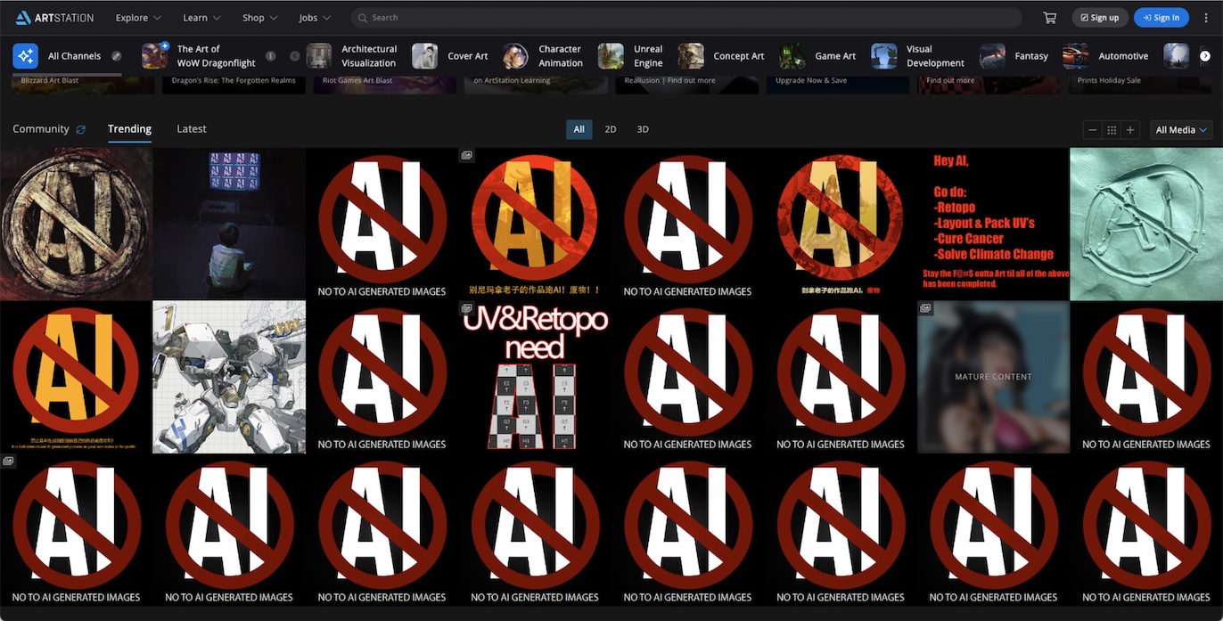 “No to AI” 로고 이미지가 대부분인 2022년 12월 14일자 아트스테이션 트렌딩 페이지 스크린샷.