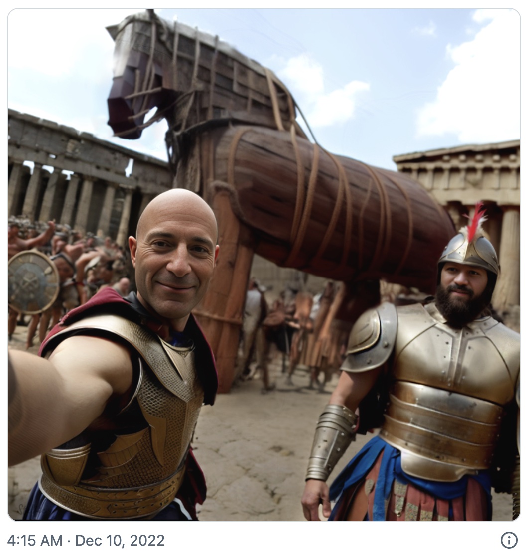 트로이 목마를 배경으로 찍은 셀카 합성사진