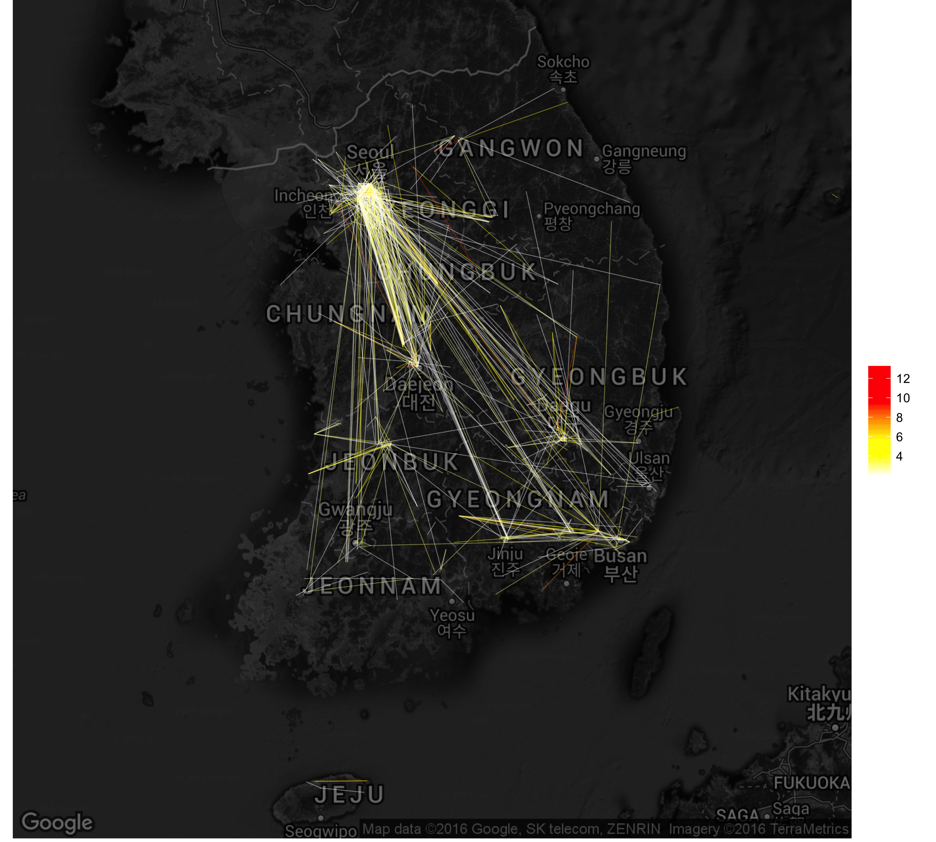 all businesses and government agencies that have had one or more contracts, visualized as lines