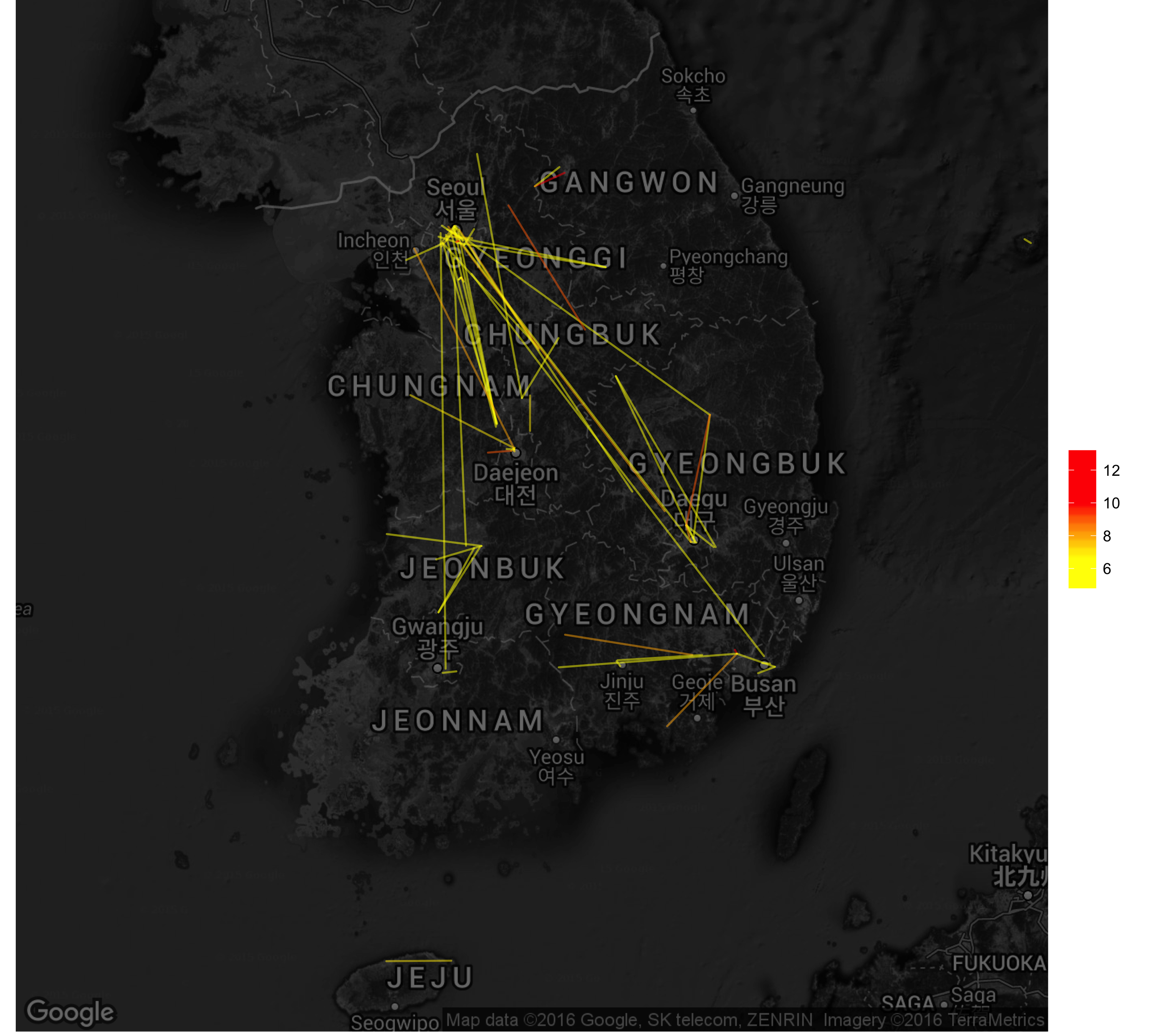 all businesses and government agencies that have had five or more contracts, visualized as lines