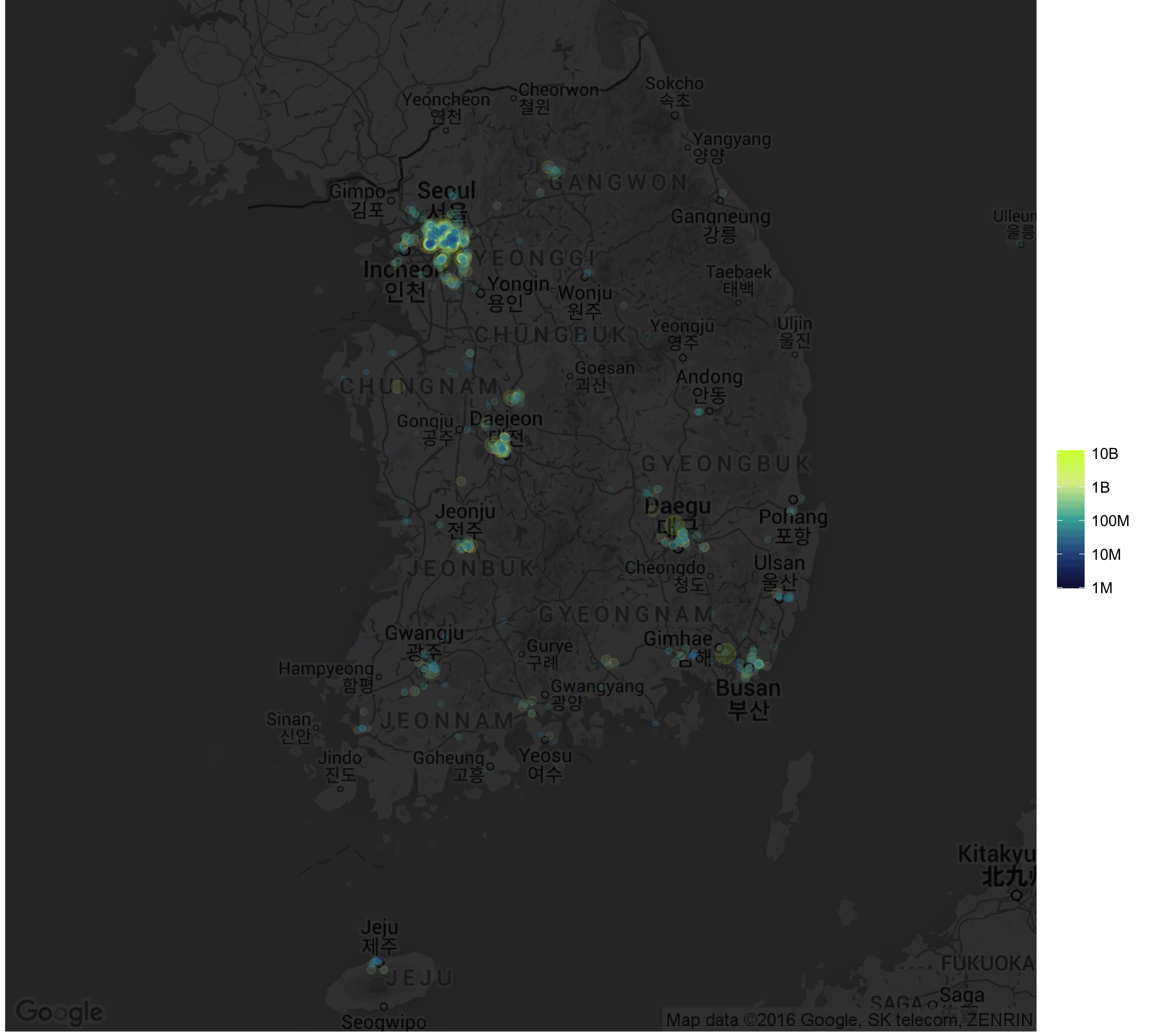 each business’ gross win, visualized by color and size